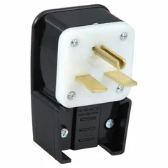 Straight blade plug with NEMA 6-30P configuration, rated 30 A at 250 V AC. Features a black nylon housing, 2-pole, 3-blade design. Used for industrial power connections in manufacturing and maintenance settings.