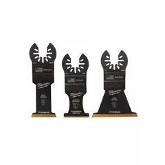 This set includes three straight, universal open-back OIS blades, featuring one 2-1/2" titanium bi-metal multi-material blade. Designed for cutting wood, metal, and drywall, it is compatible with MILWAUKEE and Craftsman oscillating tools. Suitable for demolition, remodeling, and plumbing applications.