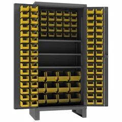 Assembled steel cabinet with powder-coated gray finish and 12 ga panel. Includes 108 yellow flush bins (12 bins, each 8 in x 15 in x 7 in) and three shelves. Suitable for organizing small parts and components in industrial storage areas.