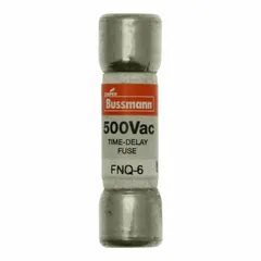 The BUSSMANN FNQ-6 is a 6 A, 500 V AC time-delay cylindrical fuse with a midget form factor (13/32 in x 1 1/2 in). It is non-indicating and designed for overcurrent protection in circuits with inductive loads such as motors and transformers, where temporary inrush currents occur.