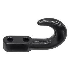This tow hook is made of carbon steel with a black finish. It has an overall length of 5 1/2 inches and an overall width of 3 1/2 inches. Used for vehicle recovery and towing applications in automotive and industrial settings.