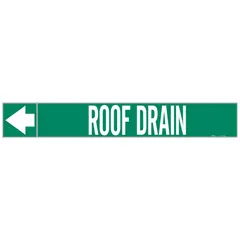 Green adhesive pipe markers with white legend text reading 'Roof Drain', supplied as a roll of 25 markers with directional arrows. Designed to fit pipe outer diameters of 1-1/2 to 2 inches. Used to identify roof drain piping in building drainage systems.