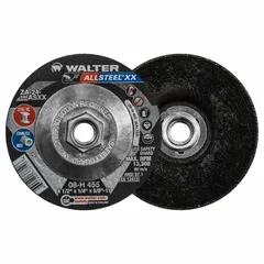 This Type 27 depressed center grinding wheel is designed for high-performance grinding on carbon and stainless steel. It measures 4-1/2 inches in diameter, 1/4 inch thick, with a 5/8-11 arbor hole. Suitable for metal fabrication, welding preparation, and maintenance tasks requiring aggressive material removal.