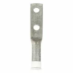 Two-hole compression lug for terminating 4/0 AWG wire to a 1/2-inch stud. Features a standard aluminum barrel. Used in electrical panels, switchgear, and heavy machinery for power distribution and grounding connections.