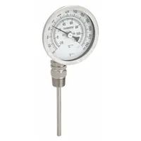 Side- and bottom-mount fixed-angle thread-mount dial thermometer with a 3-inch dial and 4-inch stem. Measures 0°F to 250°F and -20°C to 120°C with ±1% accuracy from 41 to 200°F and ±1.5% otherwise. Suitable for local temperature indication in piping and process equipment