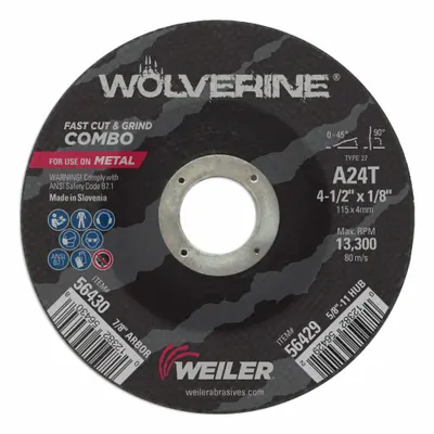 WEILER Abrasive Grinding Wheel: Type 27, 4 1/2" x 1/8" x 7/8", Aluminum Oxide - General Purpose Combination Wheels for Carbon & Stainless Steel