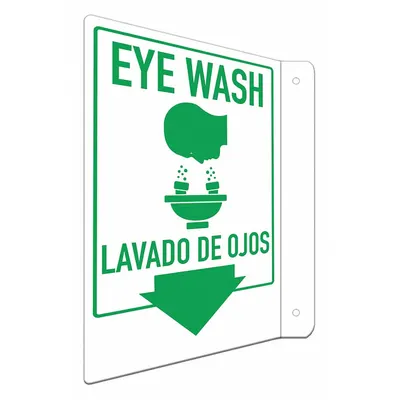 LYLE Safety Sign: Aluminum, Mounting Holes Sign Mounting, 12 in x 8 in Nominal Sign Size - L-Shape Projection Eye Wash/Lavado De Ojos Signs