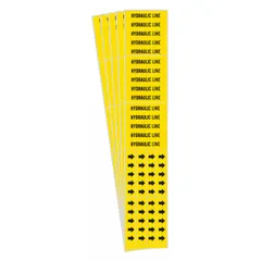 Adhesive pipe marker with yellow background and black legend reading 'Hydraulic Line' with directional arrows. Designed for pipes with outside diameter of 3/4 in and smaller. Each pack contains 5 markers (3 pipe markers per pack). Used to identify hydraulic piping systems in industrial facilities.