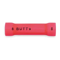 Vinyl-insulated butt splice connector for joining two 8 AWG wires. Rated for 1000 V. Suitable for use in electrical panels, machinery wiring, and general maintenance applications requiring a secure insulated splice. Pack of 10.