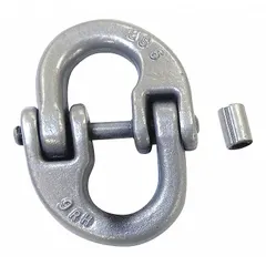 Hammerlock-type connecting link with 3/4 in trade size, compatible with 3/4 in chain. Used to connect chain ends or attach hooks in overhead lifting and rigging applications.