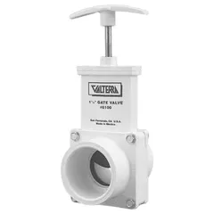 PVC rising stem gate valve with slip x spigot connections, lever operator, and solid wedge. Rated for 45 psi CWP. Used for on/off flow control in industrial fluid-handling systems where corrosion resistance is required.