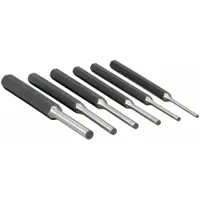 This 6-piece punch set is used for removing drive pins in assembly and maintenance tasks. The punches are made of steel with SAE sizing and feature flat tips for precise alignment. Tip diameters include 1/4 in, 1/8 in, 3/16 in, 5/16 in, 5/32 in, and 7/32 in