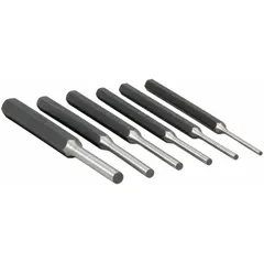 This 6-piece punch set is used for removing drive pins in assembly and maintenance tasks. The punches are made of steel with SAE sizing and feature flat tips for precise alignment. Tip diameters include 1/4 in, 1/8 in, 3/16 in, 5/16 in, 5/32 in, and 7/32 in.