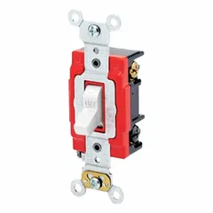 Non-illuminated toggle switch with 3-way maintained action, rated 120/277V AC and 20 A. White finish for standard wall-box installation. Used to control a lighting load from two locations in commercial or industrial settings.
