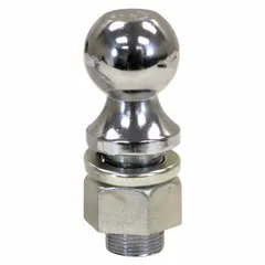 Carbon steel hitch ball with chrome finish. 2-inch ball diameter. Rated for gross vehicle weight of 500 lb. Used for light-duty towing of trailers and equipment.