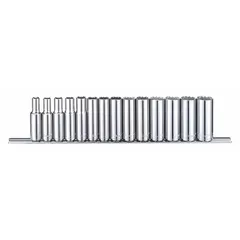 This 14-piece socket set includes 12-point metric sockets ranging from 6 mm to 19 mm with a 3/8 in drive. Deep sockets are included for accessing recessed fasteners. The tether-ready design allows for attachment of a lanyard to prevent drops when working at height. Suitable for general fastening tasks in automotive, machinery, and industrial settings.