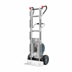 This heavy-duty electric stair-climbing hand truck from MAGLINER has a 725 lb capacity and features a dual-loop, rounded-back aluminum frame. It is equipped with 10 in flat-free wheels and has a charge time of 4.5 hours. Suitable for moving loads up and down stairs in delivery, moving, and warehouse operations.