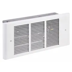 This register-style recessed electric wall heater operates on 120V AC, single-phase, with selectable wattage outputs of 375 W, 750 W, 1125 W, or 1500 W. The white grille provides a flush finish in wall cavities. Suitable for supplemental heating in rooms where permanent heating systems are not installed.