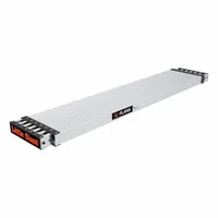 Aluminum ladder plank with a maximum overall length of 9 ft and a width of 13 in. Constructed from aluminum for lightweight strength. Used as a stable work platform between ladders or scaffolding frames for tasks at height