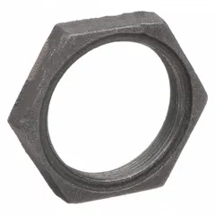 This locknut is a Class 150 threaded pipe fitting made of malleable iron with a 1 1/4 in size. It is used to secure threaded pipe connections in low-pressure systems, preventing loosening from vibration or thermal cycling. Typical applications include plumbing, HVAC, and industrial piping where a reliable, non-welded joint is required.