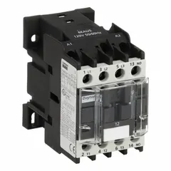This non-reversing IEC contactor from Dayton features 3 poles and 3 normally open (NO) contacts, rated for 12 A with a 120V AC coil. It is designed for switching electrical loads in motor control and automation systems, such as conveyors, pumps, and compressors. This model does not include integrated surge suppression.