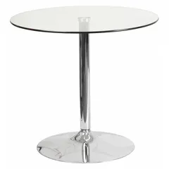 This fixed-height cafe or breakroom table features a circular clear glass tabletop and a chrome-finished metal frame with plastic feet. The overall height is 29 inches. Suitable for breakrooms, cafes, and light commercial seating areas.