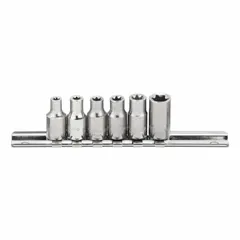 This 6-piece socket set is designed for driving external Torx and Torx Plus fasteners. With a 1/4 in drive and sizes ranging from E4 to E10, it is suitable for applications such as automotive repair, machinery maintenance, and industrial assembly. The set does not include socket bits and is not tether capable.