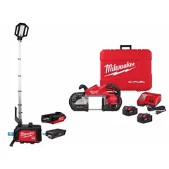 This cordless band saw kit includes two batteries and one charger. It features a tripod design for stable hands-free operation and a 44-7/8 in blade length with a maximum cutting length of 5 in. Suitable for cutting metal, pipe, and structural steel on job sites.