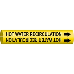This snap-on pipe marker identifies hot water recirculation lines. Yellow background with black legend and directional arrows. Fits pipe O.D. from 3/4 to 1-3/8 in. Supplied as a single marker for quick installation on existing pipes in plumbing and HVAC systems.