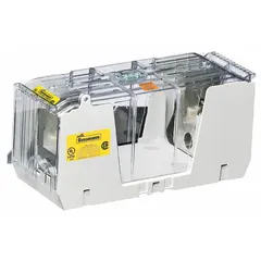 Single-pole fuse block for UL Class H and K fuses, rated 250 V AC. Features box lug terminals and non-indicating design. Used in industrial electrical panels for overcurrent protection in motor control centers, lighting panels, and distribution boards.