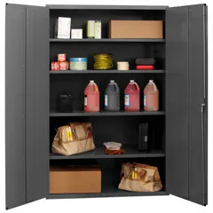 Welded steel frame cabinet with four adjustable shelves and 14 ga panel thickness. Gray powder-coated finish. Equipped with a swing handle and keyed lock for secure storage. Suitable for organizing tools, parts, and equipment in workshops, warehouses, and manufacturing facilities.