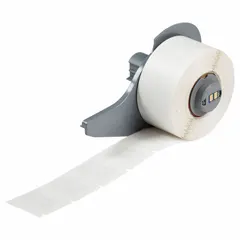 Vinyl wraparound label with white matte finish, sized 1 in x 1/2 in, for permanent identification of wires and cables from 16 AWG to 10 AWG. Compatible with BMP71 printer series, requires M7-R4300 ribbon. Resists smudging and abrasion in industrial environments.