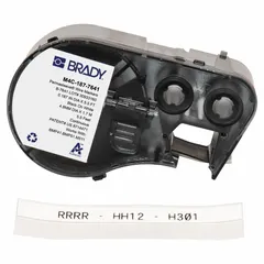 Polyolefin, white (matte) continuous sleeve label roll cartridge for wire and cable identification. Measures 1 in x 11/32 in, fits 10 AWG to 16 AWG wire gauge. Compatible with M410 printer series. Used for on-demand labeling in electrical panel builds, machine wiring, and maintenance applications.