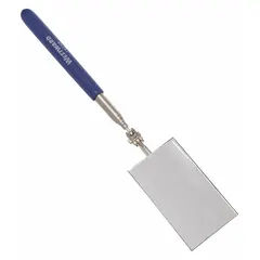 This standard inspection mirror features a glass mirror measuring 3 1/2 inches long by 2 inches wide. The handle is made of plastic. It is used for viewing hidden or hard-to-reach areas in machinery, engines, and equipment, allowing visual inspection without disassembly.