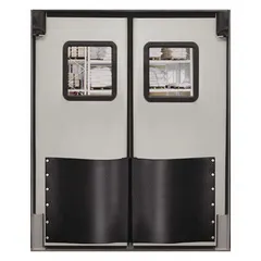 Two-door gray polyethylene insulated swinging door with a 6 ft width and 7 ft height. Includes a polycarbonate window, door seals, bumpers, and mounting hardware. Meets NSF standards. Suitable for temperature-controlled environments such as cold storage, food processing, and industrial facilities.