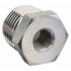 This straight pipe fitting is made of zinc-galvanized steel with a 3/8 in Male NPT threaded end and a 1/8 in Female NPT threaded end. It is rated for a maximum operating pressure of 2000 psi at 150°F. Used to connect or extend piping in industrial fluid or gas systems requiring a size transition.