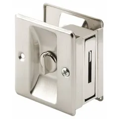 This steel pocket door pull handle from PRIME-LINE features a satin nickel finish and unthreaded holes for mounting. Designed as a combination tray and edge pull, it is suitable for cabinet doors, drawers, and sliding panels where a low-profile pull is required.