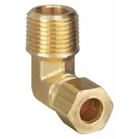 Brass compression fitting elbow with standard sleeve, connecting 5/16 in OD tubing to 1/4 in male NPT threads. Suitable for pneumatic, hydraulic, and instrumentation systems requiring a 90-degree turn. Sold in a pack of 10