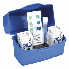 Colorimetric test kit for measuring ammonia nitrogen in water. Range 0.25 to 4.0 ppm with 0.25 ppm sensitivity. Includes handbook and sufficient reagents for 50 tests. Suitable for environmental monitoring, aquaculture, and wastewater testing.