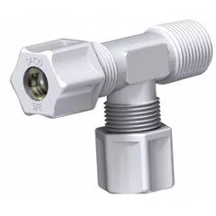 Acetal copolymer tube fitting with 1/2 in OD x 1/2 in OD x 3/8 in MNPT configuration, rated for 220 psi. White color, NSF Listed. Used to connect tubing in fluid or pneumatic systems where a branch line is needed.