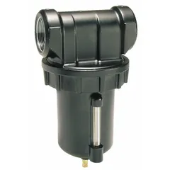 Particulate filter for compressed air systems with 1 1/2 in NPT connection, 5 micron filtration rating, 450 cfm flow capacity, and 175 psi maximum operating pressure. Removes solid contaminants such as dirt, rust, and pipe scale to protect downstream pneumatic equipment in industrial manufacturing and automation applications.