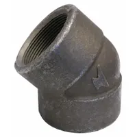Threaded high-pressure pipe fitting, 3/4 in x 3/4 in, female NPT threaded x female NPT threaded, steel, 45° elbow. Maximum operating pressure 2,000 psi at 150° F. Used in industrial piping systems to change flow direction by 45°
