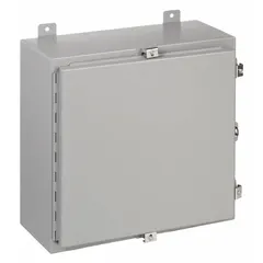 WIEGMANN N4202008 steel enclosure with solid hinged cover, measuring 20 x 20 x 8 inches. Rated NEMA 12/13/4 for protection against dust, falling dirt, dripping non-corrosive liquids, and washdown environments. Features a padlock hasp closure; knockouts not included. Suitable for housing electrical controls and instruments in industrial settings requiring corrosion resistance.