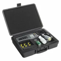 This handheld multiparameter meter kit is configured for dissolved oxygen and temperature measurement. It includes a probe and a carrying case; reagents are sold separately. Typical applications include field and laboratory water quality testing, such as environmental monitoring, wastewater treatment, aquaculture, and industrial process control.