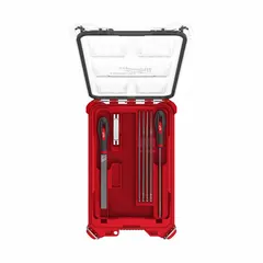 This file set includes two 5/32 in, two 3/16 in, and one 7/32 in round files, a flat file, and handles, all stored in an organizer. Used for sharpening chainsaw chains to maintain cutting performance and extend chain life.