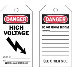 White polyester tags printed in black, red, and white with electrical hazard warnings in English. Each pack contains 10 tags secured by a cable-tie fastener, featuring fields for signature, date, and remarks. Suitable for identifying high-voltage equipment and communicating lockout/tagout hazards in industrial environments.