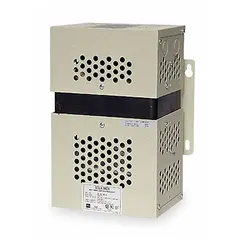 Single-phase panel-mount power conditioner with 250 VA apparent power rating and 250 W output. Accepts input voltages of 120/208/240/480V AC and provides output voltages of 120/240V AC at a maximum current of 2.1 A. Hardwired configuration for fixed installation. Suitable for regulating and conditioning AC power in industrial control panels and automation systems.