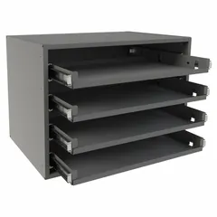 This gray cabinet frame accommodates four compartmented-box drawers and is stackable for vertical storage expansion. The bearing mechanism enables smooth drawer operation. Suitable for organizing small parts in workshops, maintenance areas, and assembly lines.