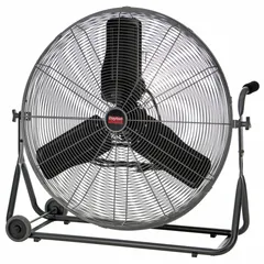 This Dayton mobile office floor fan features a 30-inch aluminum blade and non-oscillating design for directed airflow. With three speeds and a single-phase 120V AC motor, it is suited for home and office environments. Dimensions: 36 inches high, 37 inches wide.