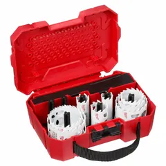 This 12-piece hole saw kit features carbide-tipped teeth with 3 teeth per inch and a maximum cutting depth of 1-5/8 inches. Designed for cutting holes in multi-material surfaces such as wood, metal, plastic, and drywall. Suitable for use with standard arbor systems in industrial or construction applications.